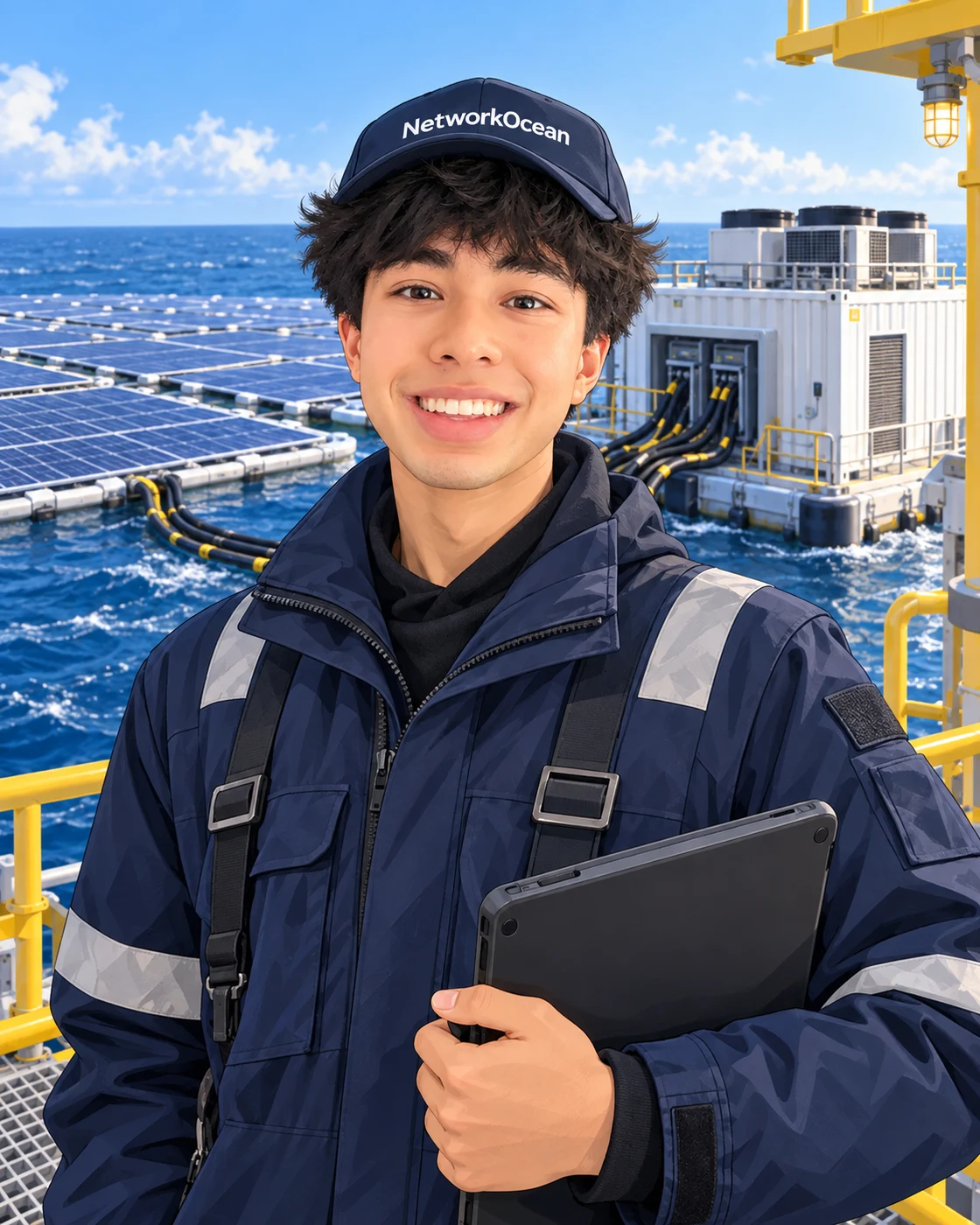 Illustration of Nayel wearing a NetworkOcean cap beside floating solar and an offshore data center